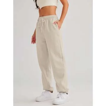 AUTOMET Womens Sweatpants Fleece Lined Fall Outfits Baggy High Waisted Straight Leg Sweat Pants 2024 Drawstring Winter Burnt Casual Athletic Lounge Joggers Beige S