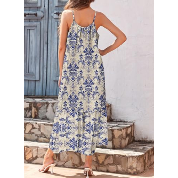 Dokotoo Womens Summer Dresses U Neck Spaghetti Strap Dresses Casual Boho Printed Hawaiian Dresses Ruffle A Line Maxi Dresses for Beach Vacation Large Sky Blue