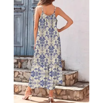 Dokotoo Womens Summer Dresses U Neck Spaghetti Strap Dresses Casual Boho Printed Hawaiian Dresses Ruffle A Line Maxi Dresses for Beach Vacation Large Sky Blue