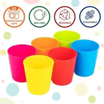 PLASKIDY Kids Cups - Set of 6 Toddler Plastic Cups 8 Oz - Children's Drinking Tumbler Cups - Reusable Kids Plastic Cups BPA FREE/Dishwasher Safe Unbreakable Cups for Kids & Toddlers