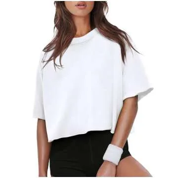 White Crop Tops Women's Summer Short Sleeve Drop Shoulder Cotton T-Shirts Workout Oversized Tops M
