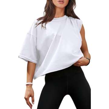 White Crop Tops Women's Summer Short Sleeve Drop Shoulder Cotton T-Shirts Workout Oversized Tops M