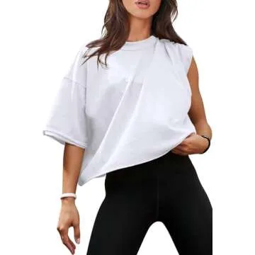 White Crop Tops Women's Summer Short Sleeve Drop Shoulder Cotton T-Shirts Workout Oversized Tops M