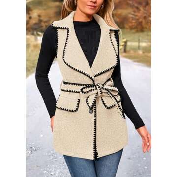 PRETTYGARDEN Women's 2025 Tweed Vest Jackets Sleeveless Lapel Button Front Belt Color Block Winter Cardigan Outerwear (Apricot,Small)