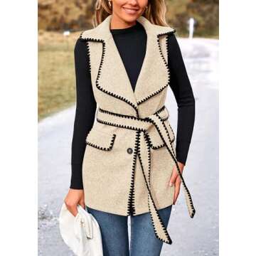 PRETTYGARDEN Women's 2025 Tweed Vest Jackets Sleeveless Lapel Button Front Belt Color Block Winter Cardigan Outerwear (Apricot,Small)