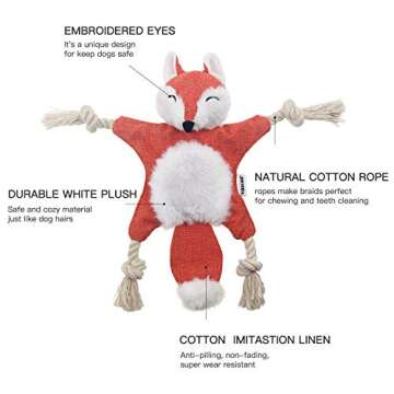 Fox Dog Toy with Squeaker, Stuffless Dog Toy Crinkle Hunting Dog Toy Plush Durable Dog Squeaky Toys Cotton Rope Dog Toy Throughout the Body Cute Dog Chew Toys for Puppies with Eyes Embroidery Design