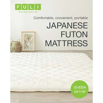 FULI Japanese Futon Mattress, Japanese Floor Mattress, Floor Bed, Tatami Foldable Bed, Roll Up Sleeping Pad, Shikibuton, Made in Japan (White, Queen)