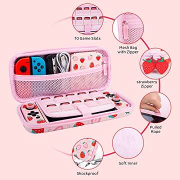 GLDRAM Pink Strawberry Carrying Case Bundle for Nintendo Switch Accessories, Cute Travel Case Kit wi...