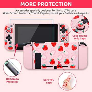 GLDRAM Pink Strawberry Carrying Case Bundle for Nintendo Switch Accessories, Cute Travel Case Kit with Soft TPU Cover, Game Case, Glass Screen Protector, Thumb Grip Caps, Shoulder Strap for Girls