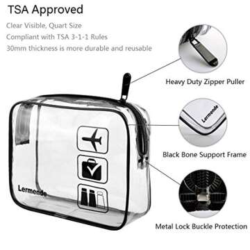 Lermende 3pcs TSA Approved Toiletry Bag with Zipper Travel Luggage Pouch Carry On Clear Airport Airline Compliant Bag Travel Cosmetic Makeup Bags for Men Women (Black)