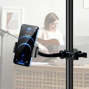 Mic Stand Phone Holder, JCWINY Flexible Phone Holder for Microphone Stand, Adjustable iPhone Mic Stand Holder, Music Stand Phone Holder for iPhone 14 13 12 MAX Pro Samsung Galaxy All Smartphones