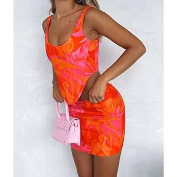 ROAONOCOMO Women Newspaper Print Two Piece Skirt Set Off Shoulder Crop Tube Top Bodycon Split A- Line Mini Skirt Party Streetwear, orange