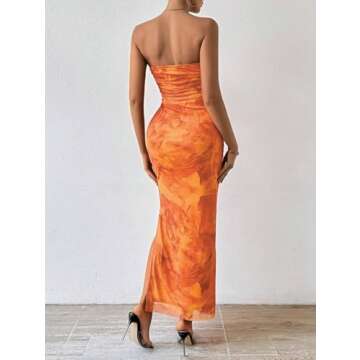LIGHT DOT Women's Summer Dress Printed Strapless Tube Top Dress Bodycon Maxi Dress Side Slit Mesh La...
