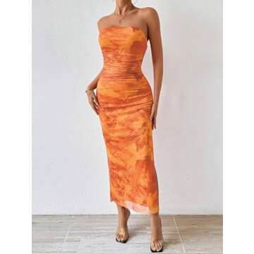 LIGHT DOT Women's Summer Dress Printed Strapless Tube Top Dress Bodycon Maxi Dress Side Slit Mesh Layered (Orange,XS)