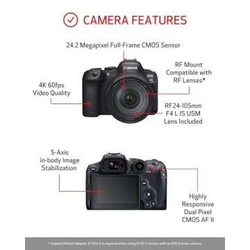 Canon EOS R6 Mark II Mirrorless Camera RF24-105mm F4 L USM Lens Kit, Hybrid Full-Frame Camera, 24.2 Megapixel CMOS Sensor. Photo and Video Camera Capabilities, RF Mount, Black