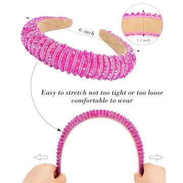 Wecoe Rhinestone Headband Women Rose Red Headband Fashion Padded Headband Fancy Bling Diamond Sparkle Crystal Beaded Headband Cute Hair Band Holiday Hair Accessories For Women Girls Sweetest Day Gifts