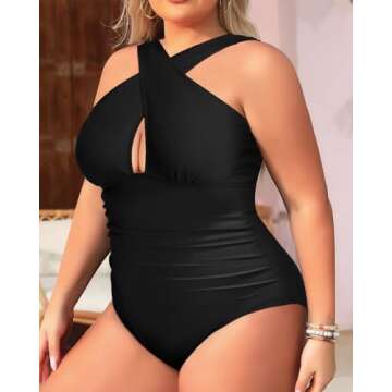 Daci Women Plus Size Swimsuits Tummy Control Black One Piece Bathing Suits Front Cross Keyhole Swimwear Black L