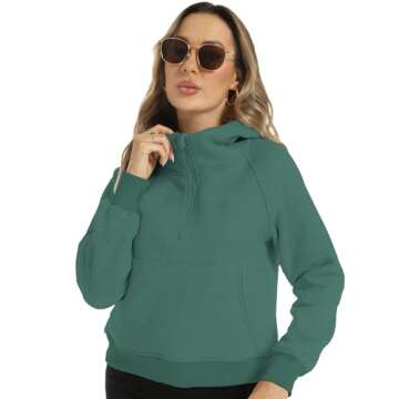 FANCYINN Womens Sweatshirts Half Zip Cropped Hoodies Pullover Fleece Quarter Zipper Hoodies 2025 Fall Fashion Outfits Clothes Dark Green L