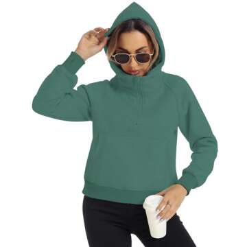 FANCYINN Womens Sweatshirts Half Zip Cropped Hoodies Pullover Fleece Quarter Zipper Hoodies 2025 Fall Fashion Outfits Clothes Dark Green L