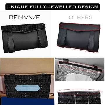 BENVWE Bling Car Visor Mask Holder Sparkling Crystals Car Visor Tissue Holder with 1 Glitter Mask Hook, Cvmh-Black, Black