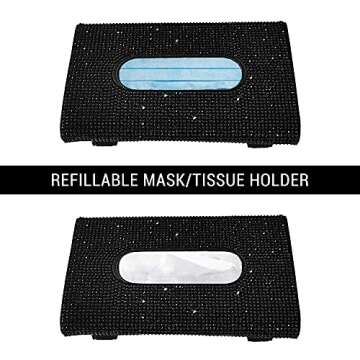 BENVWE Bling Car Visor Mask Holder Sparkling Crystals Car Visor Tissue Holder with 1 Glitter Mask Hook, Cvmh-Black, Black