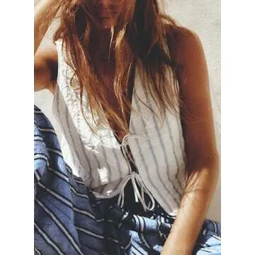 NUFIWI Women Tie Knot Front Striped Vest Sleeveless Cut Out Bandage Tank Tops V Neck Casual Waistcoat Vest Summer Streetwear