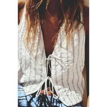 NUFIWI Women Tie Knot Front Striped Vest Sleeveless Cut Out Bandage Tank Tops V Neck Casual Waistcoat Vest Summer Streetwear