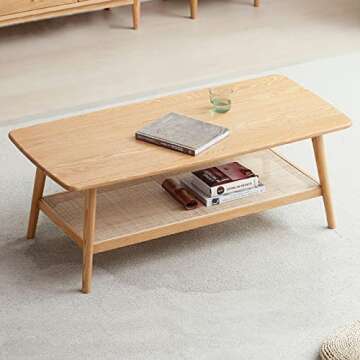 Grewood Wood Coffee Table - 2-Tier Oak Coffee Table with Rattan Shelf - Modern Coffee Table for Livi...