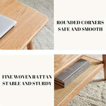 Grewood Wood Coffee Table - 2-Tier Oak Coffee Table with Rattan Shelf - Modern Coffee Table for Living Room and Offices - 47.24IN, Natural Color