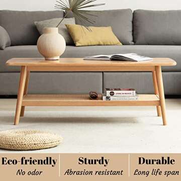 Grewood Wood Coffee Table - 2-Tier Oak Coffee Table with Rattan Shelf - Modern Coffee Table for Living Room and Offices - 47.24IN, Natural Color