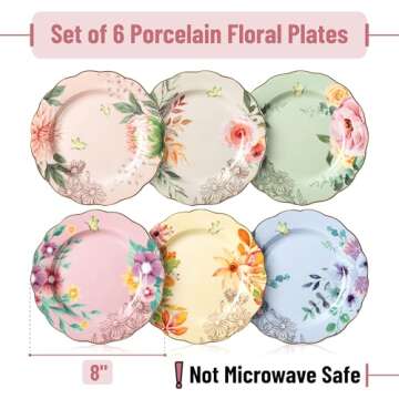 BTaT Porcelain Floral Plates Set - 8 Inch, Set of 6 with Unique Designs