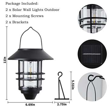 2 Pack Solar Lantern Lights Outdoor,Waterproof Metal Glass Hanging Solar Lanterns,Solar Lights for Fence, Porch, Wall,Garden,Yard Decoration