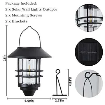 2 Pack Solar Lantern Lights Outdoor,Waterproof Metal Glass Hanging Solar Lanterns,Solar Lights for Fence, Porch, Wall,Garden,Yard Decoration