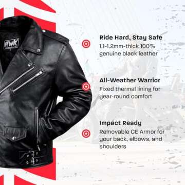 HWK Brando Leather Motorcycle Jacket for Men, Ultra Comfy Vintage Style Genuine Black Leather Jacket...