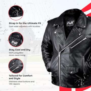 HWK Brando Leather Motorcycle Jacket for Men, Ultra Comfy Vintage Style Genuine Black Leather Jacket with CE Armor and Thermal Lining, Water Resistant Biker Jacket for All-Weather Riding - X-Large