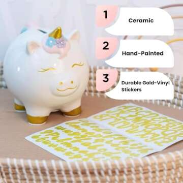Unicorn Piggy Bank for Kids - Hand Painted Ceramic Piggy Bank for Girls with Plug - Personalized Uni...