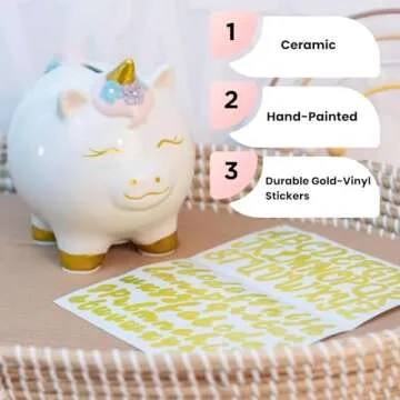 Unicorn Piggy Bank for Kids - Hand Painted Ceramic Piggy Bank for Girls with Plug - Personalized Uni...