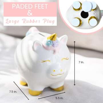 Unicorn Piggy Bank for Kids - Hand Painted Ceramic Piggy Bank for Girls with Plug - Personalized Unicorn Toy for Kids - Room Decor - Cute Birthday Gift for Your Boys & Girls