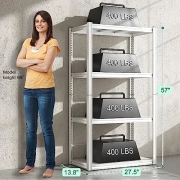Raybee Garage Shelving Heavy Duty Load 1600LBS Garage Storage Shelves Adjustable Heavy Duty Shelving 4 Tier Metal Shelving for Storage White Metal Shelves for Kitchen Pantry 27.5" W x 13.8" D x 57" H