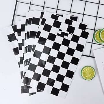 Rainmae 50 Pcs Race car Goodie Gift Bags, Racing Treat Gift Bags, Candy Party Favors Bags, Black and White Checkered Party Supplies for Two Fast Themed Kids Birthday Baby Shower Party Decoration