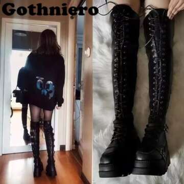 Goth Platform Knee High Boots with Side Zip and Buckles