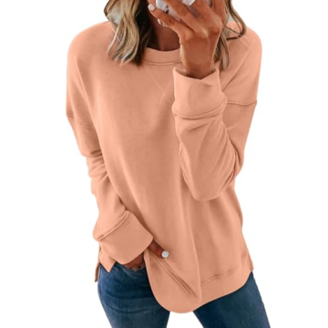 Dokotoo Womens Ladies Casual Long Sleeve Crewneck Sweatshirt Side Split Loose Fit Solid Basic Pullov...