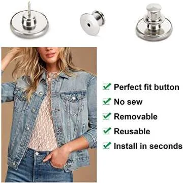 6PCS Perfect Fit Instant Button Pin, Instant jeans Buttons tightener, Jean Replacement Buttons Removable Button for loose jeans No Sew Buttons to Extend or Reduce an Inch to Any Pants Waist in Seconds