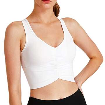 Enjyam Women's Shirred Front Sport Racerback Yoga Bra with Medium Support Removable Pads Running Workout Active Fitness White