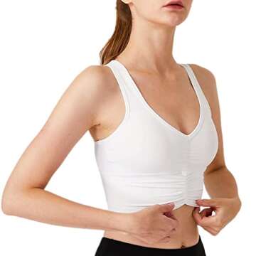 Enjyam Women's Shirred Front Sport Racerback Yoga Bra with Medium Support Removable Pads Running Workout Active Fitness White