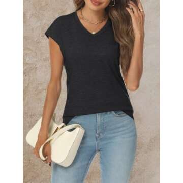AUTOMET Womens V Neck Cap Sleeve Tshirts Casual Tops Cute T Shirts Summer Clothes Vintage Basics Tee, Black, L