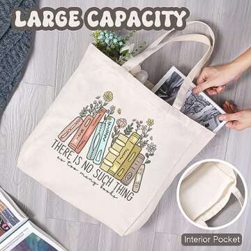LEADO Cute Canvas Tote Bag with Pockets for Adults, Book Lovers Gifts - Mothers Day, Birthday Gifts for Book Lovers Women - Reading Accessories, Librarian, Bookish, Readers, Author, Library Present