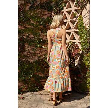 Women Criss Cross Halterneck Floral Print Summer Beach Maxi Dress Greygreen S