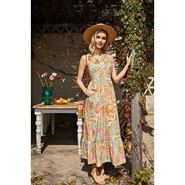 Women Criss Cross Halterneck Floral Print Summer Beach Maxi Dress Greygreen S