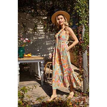 Women Criss Cross Halterneck Floral Print Summer Beach Maxi Dress Greygreen S